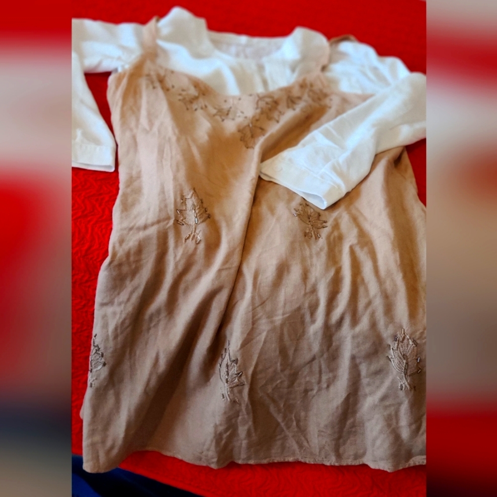 Embroidered Tan Dress w/ White Linen Top